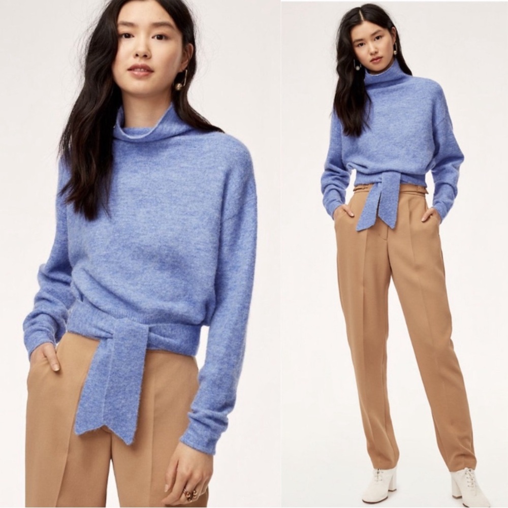 ARITZIA Wilfred Periwinkle Blue Purple Alpaca Wool Tie Waist Funnel Neck Sweater